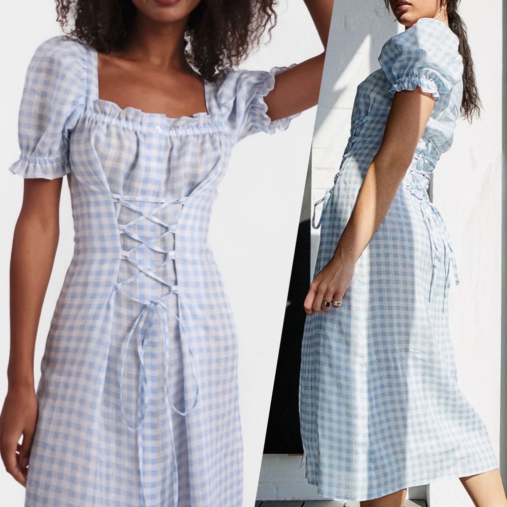 Sleeper Marquise Linen Dress Blue Vichy blue & white gingham lace up corset puff